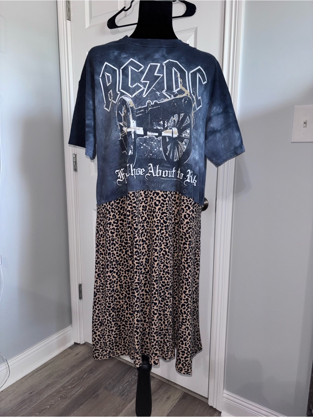 Upcycled AC/DC “For Those About to Rock” Leopard Print mini T-Shirt Dress size L